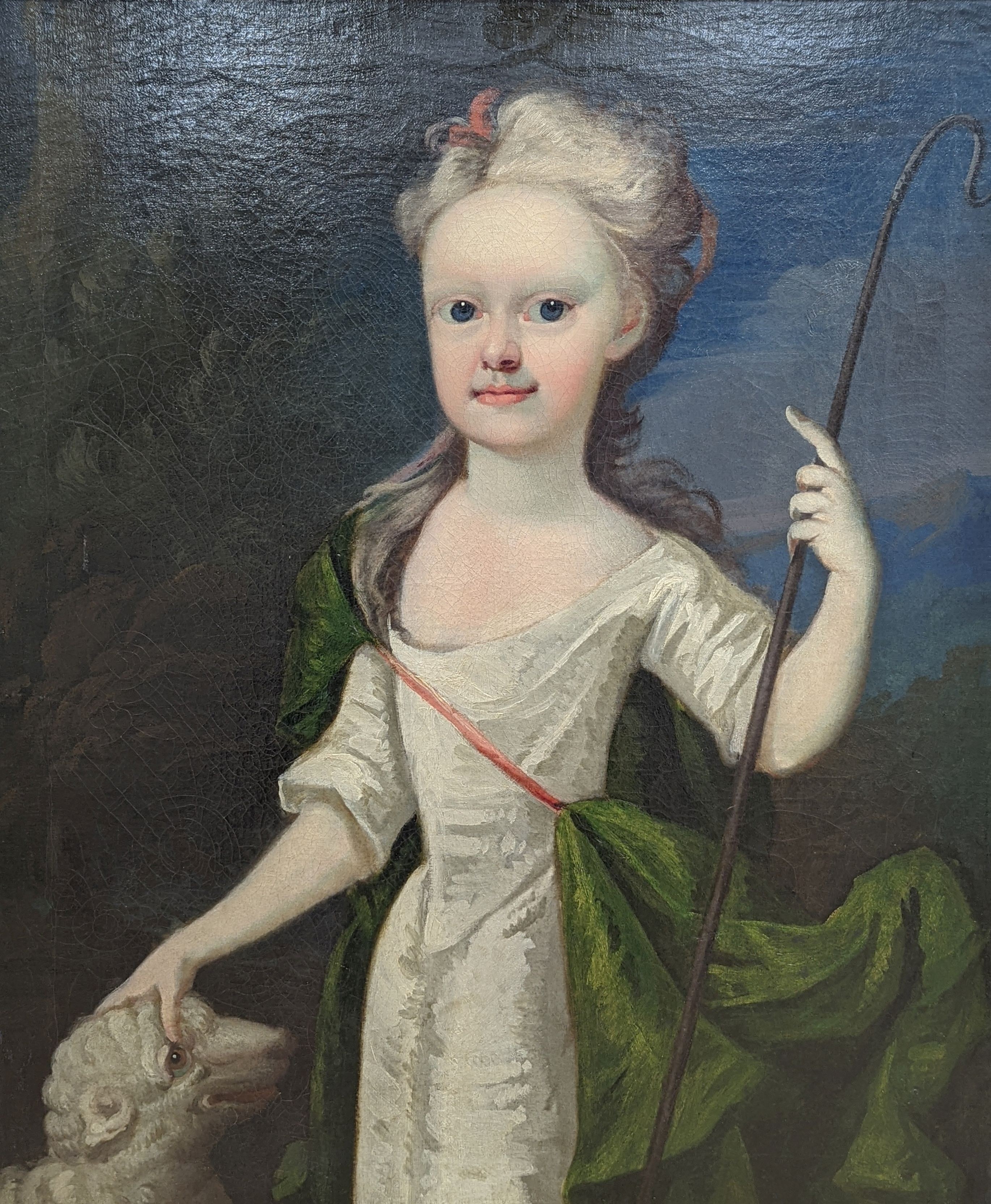 Early 18th century English School, oil on canvas, Portrait of a girl as a shepherdess, 74 x 62cm